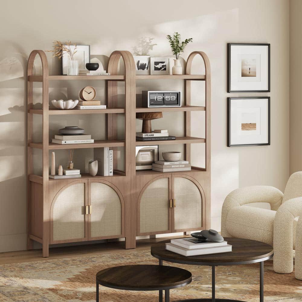 Boho 3-Shelf Bookshelf Cabinet With Rattan Doors