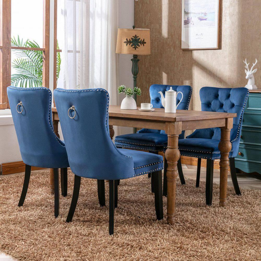 Velvet Upholstered Dining Chairs Set of 2, Wingback Dining Room Chairs with Ring Pull, Nailhead Trim and Tufted Button Back, Luxury Dining Chairs for Living Room Kitchen, (Blue)