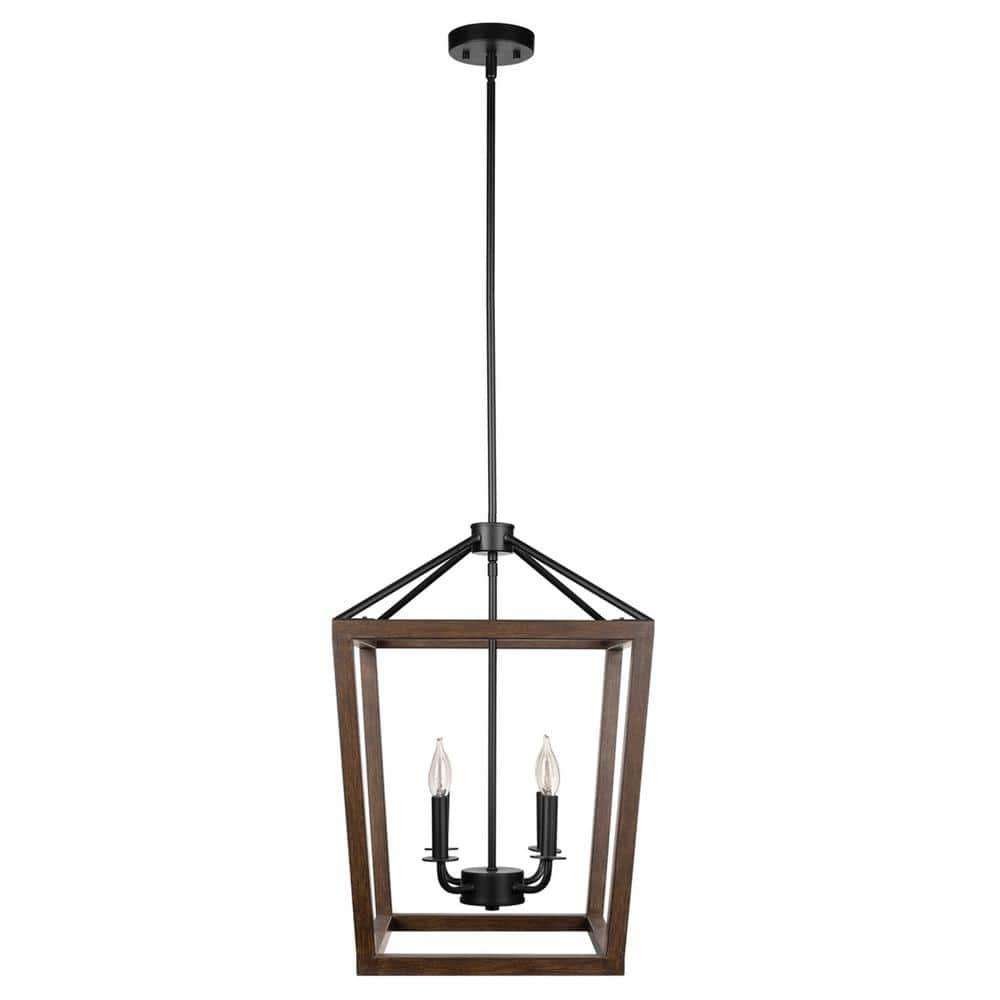 Globe Electric 4-Light Matte Black Pendant with Faux Wood Accent, Bulbs Included, 61036