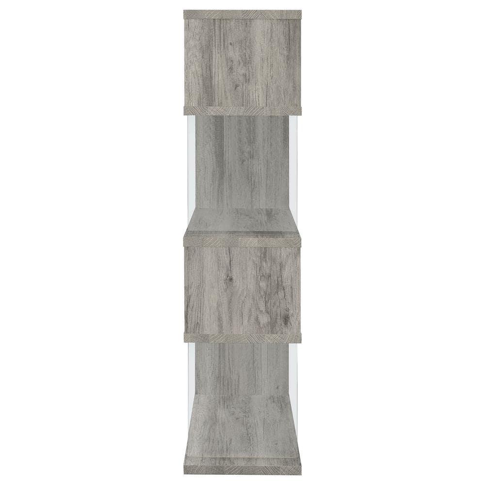Coaster 63" Emelle 4 Shelf Zig Zag Bookcase with Glass Panels Gray Driftwood: Modern Style, Laminated Melamine Veneer, Metal Hardware
