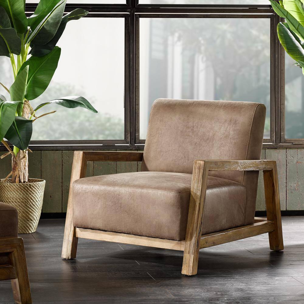Easton Accent Chair Taupe/Natural: Solid Wood Arms, Reclaimed Finish, Polyurethane Leather