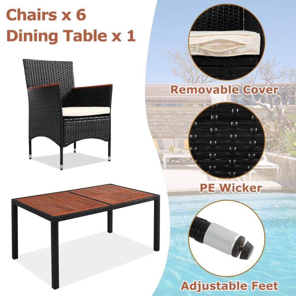 7 Piece Outdoor Patio Dining Set Indoor Outdoor Wicker Dining Furniture Set with Brown Rattan Dining Table and Chairs with Cushions, Reddish-brown Tabletop