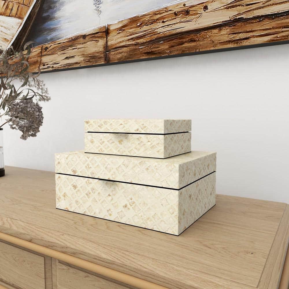 Set of 2 Shell Inlaid Wooden Boxes Natural - Olivia & May: Coastal Style Storage with Felt Stoppers