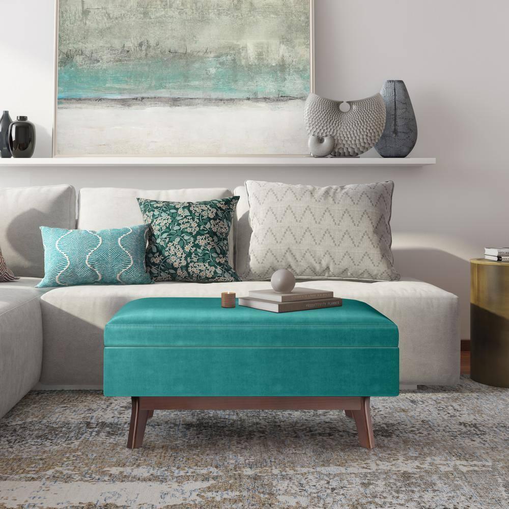 Simpli Home Owen 36 inch Wide Mid Century Modern Rectangle Small Rectangular Storage Ottoman in Aqua Blue Velvet Fabric