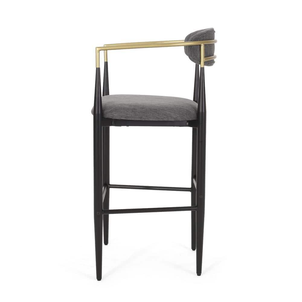Noble House Boise Indoor Fabric and Metal 30 inch Barstools, Set of 2, Charcoal, Black, and Gold.