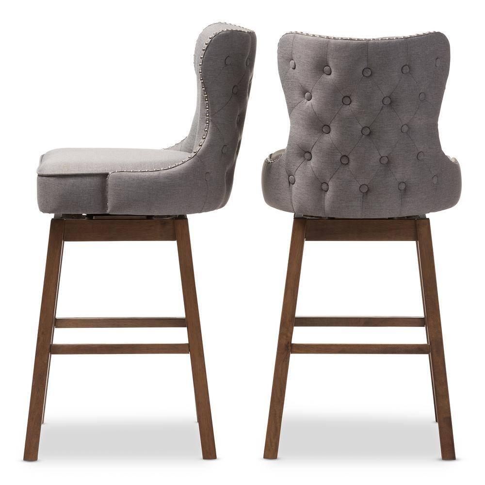 Gradisca Swivel Barstools with Button-Tufting & Nail Heads Trim: Polyester Upholstery - Baxton Studio