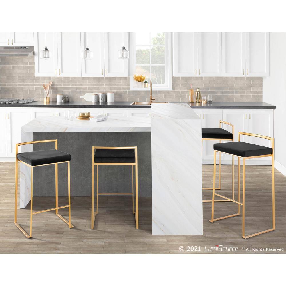 31" Set of 2 Fuji Contemporary Stackable Barstools Gold/Black Velvet - LumiSource: Metal Frame, Padded Seat