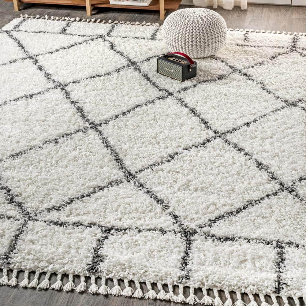 8'x10' Mercer Shag Plush Tassel Moroccan Geometric Trellis Area Rug, Cream/Grey - JONATHAN Y