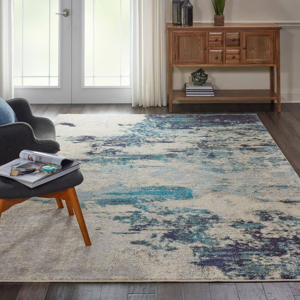 Celestial CES02 Area Rug Colorful Contemporary Abstract By Nourison Ivory Teal Blue 7' x 10'