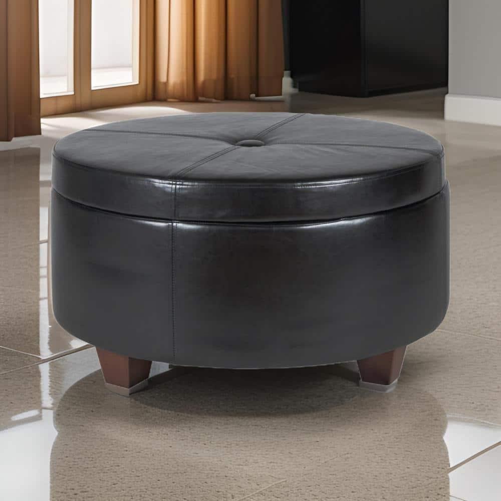 Leatherette Single Button Tufted Round Ottoman with Wooden Feet, Large, Black and Brown