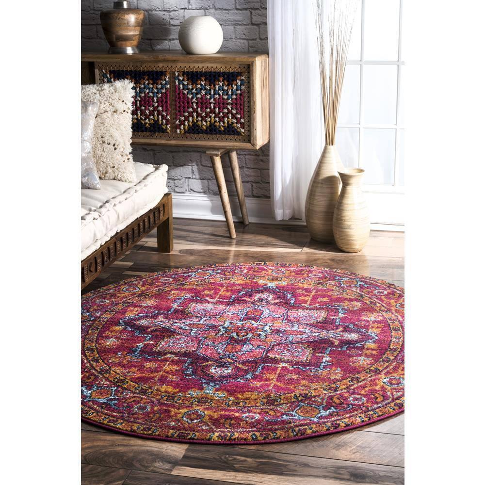 Vonda Pink and Orange Synthetic Round Area Rug, 5' Diameter