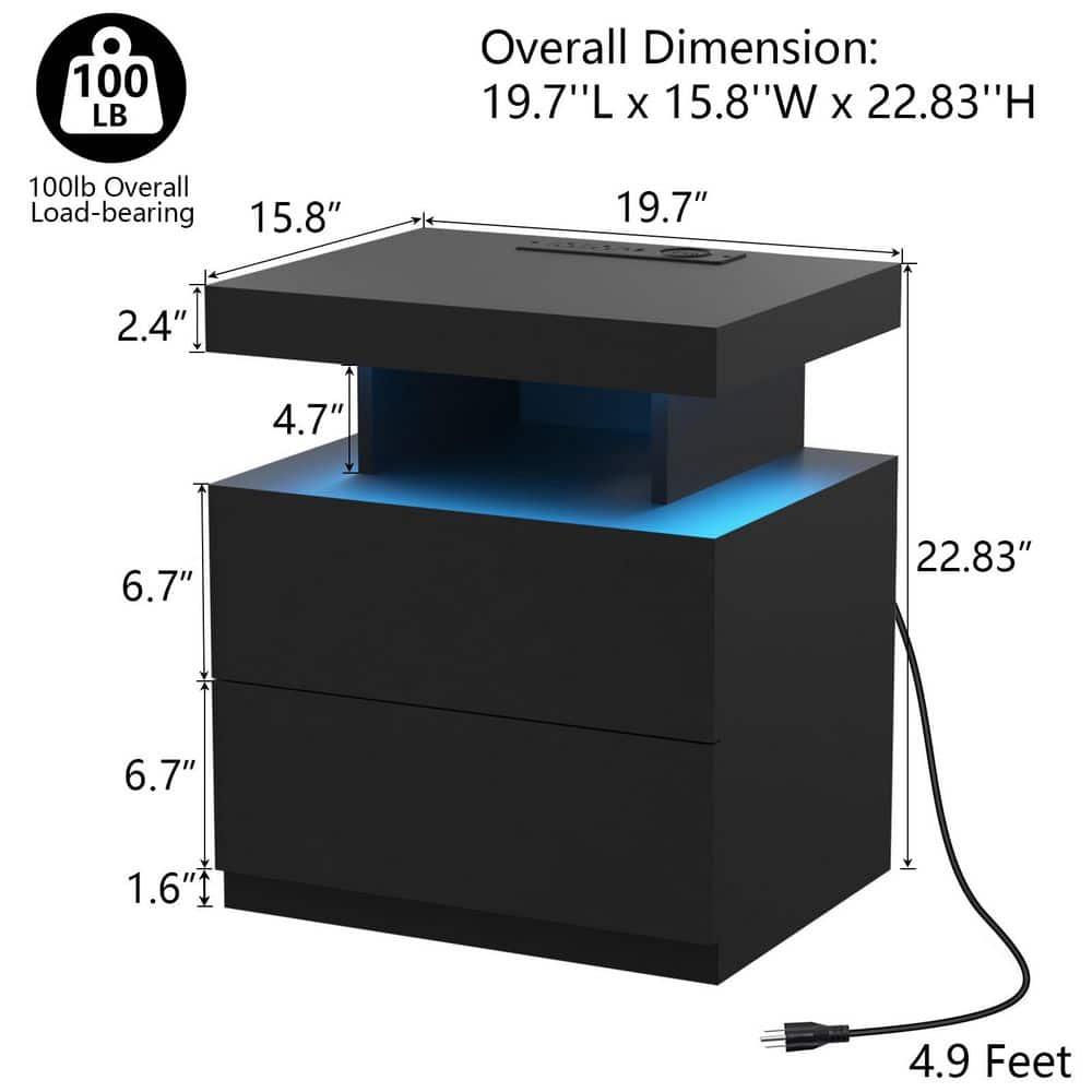 Black Nightstand with Wireless Charging Station and LED Lights, Bedside Table with 2 Drawers, Open Storage, 1 Pull-Out Tray, End Side Table with Storage