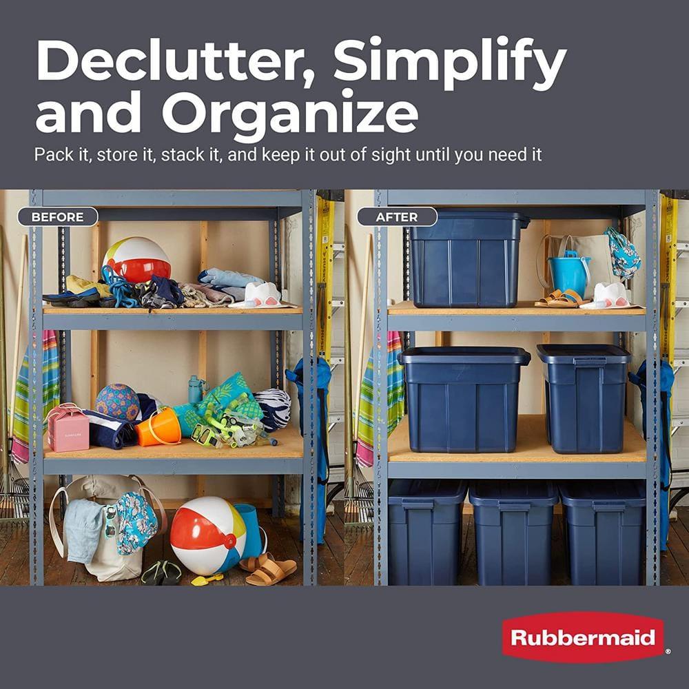 Rubbermaid Roughneck 18 Gallon Rugged Stackable Storage Tote with Lid and Handles for Home Usage, Dark Indigo Metallic, 6 Pack