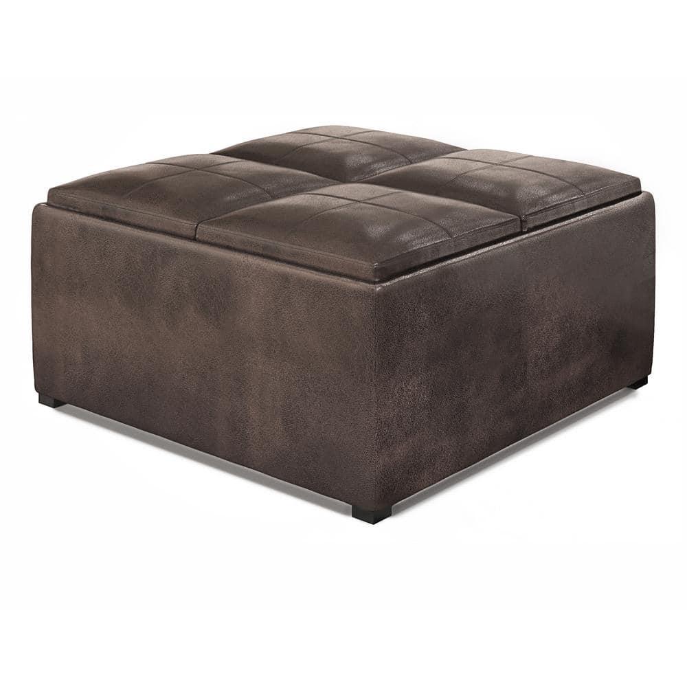 Simpli Home Avalon 35"W Upholstered Square Coffee Table Storage Ottoman with Flip-Over Trays