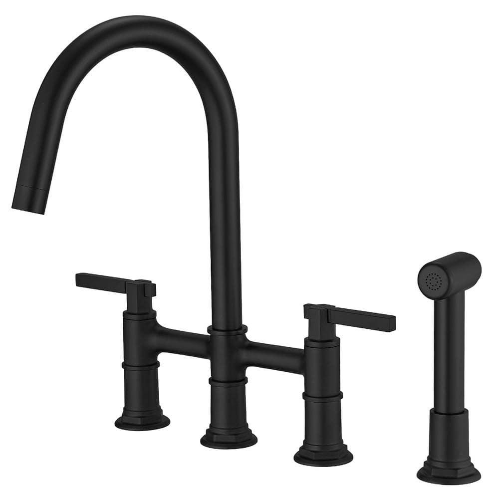 Double Handle Bridge Kitchen Faucet with Side Sprayer in Matte Black