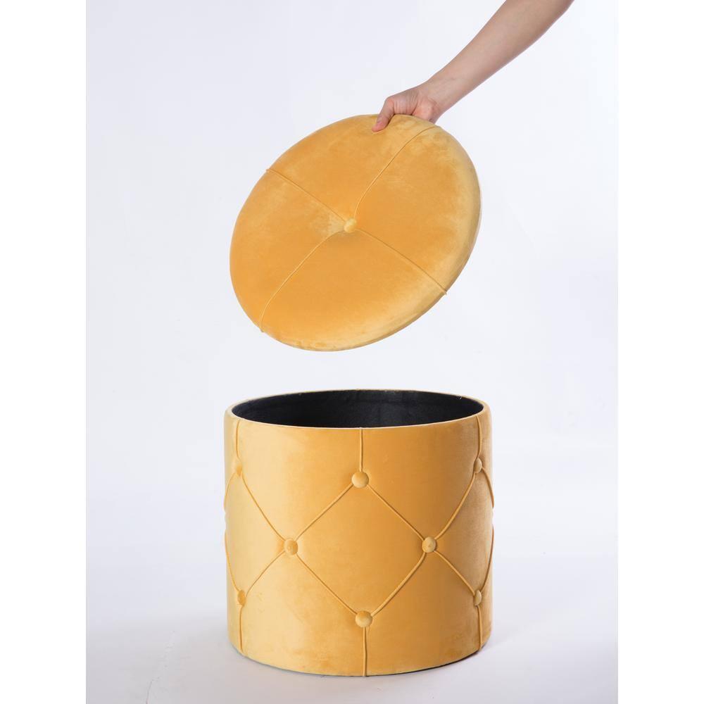 Fabulaxe  15.75 x 15.5 in. Round Wooden Velvet Ottoman Stool with Lid, Yellow