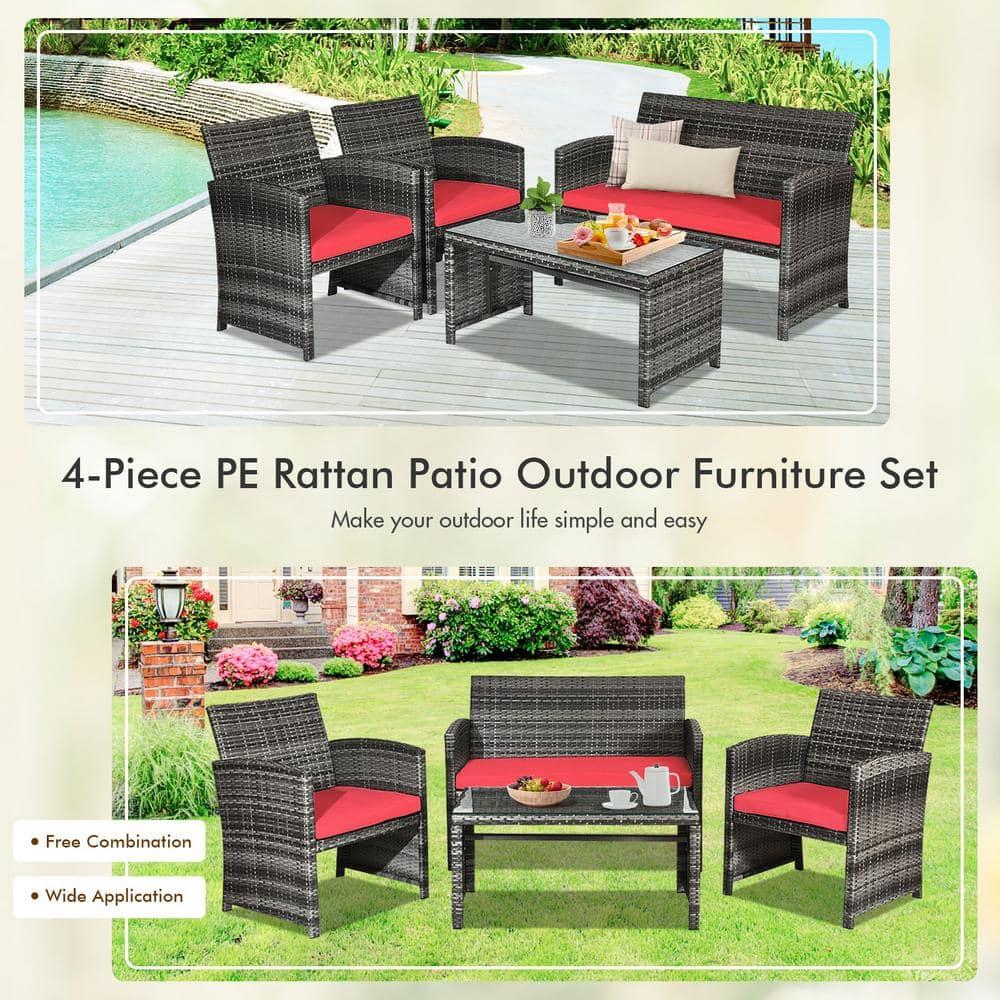 Aimee Lii 4 Pieces Wicker Patio Furniture Set with Cushions, Wicker Outdoor Sectional, Red