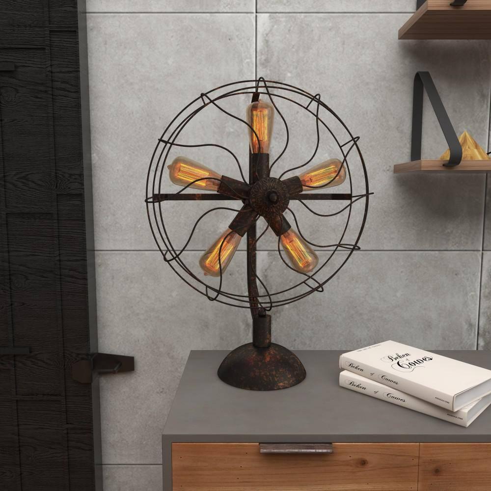 DecMode 24" 5 Light Vintage Fan Bronze Accent Lamp with Black Metal Shade