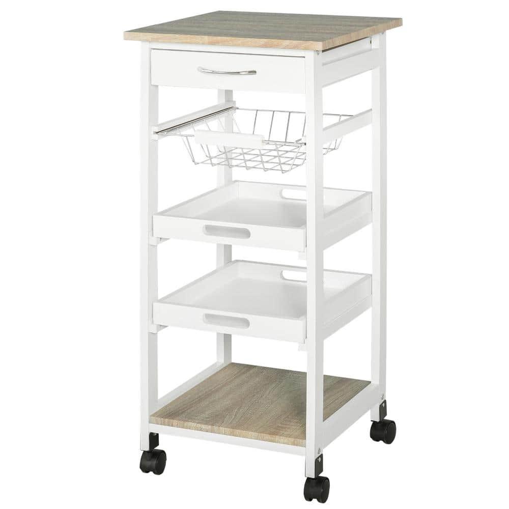 HOMCOM Mobile Rolling Kitchen Island Trolley Serving Cart with Underneath Drawer & Slide-Out Wire Storage Basket, White