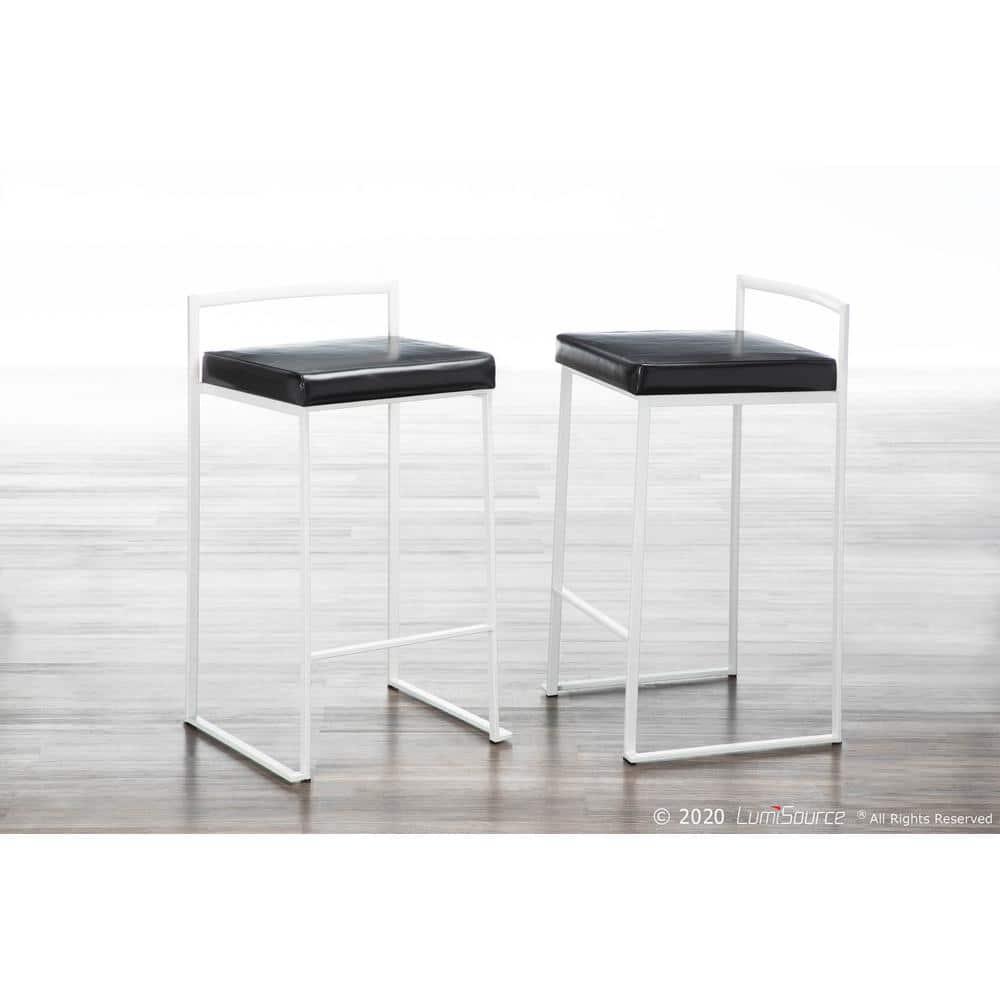 Fuji Contemporary Stackable Counter Stool In White With Black Faux Leather Cushion - Set Of 2
