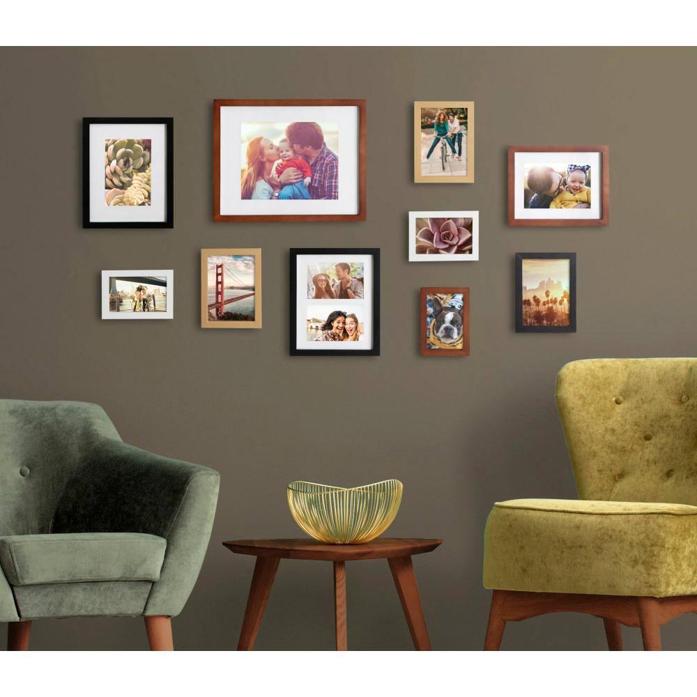 Kate and Laurel Gallery Mid-Century Wood Wall Frame Set, Set Of 10, Walnut Brown, Gold, Black, and White