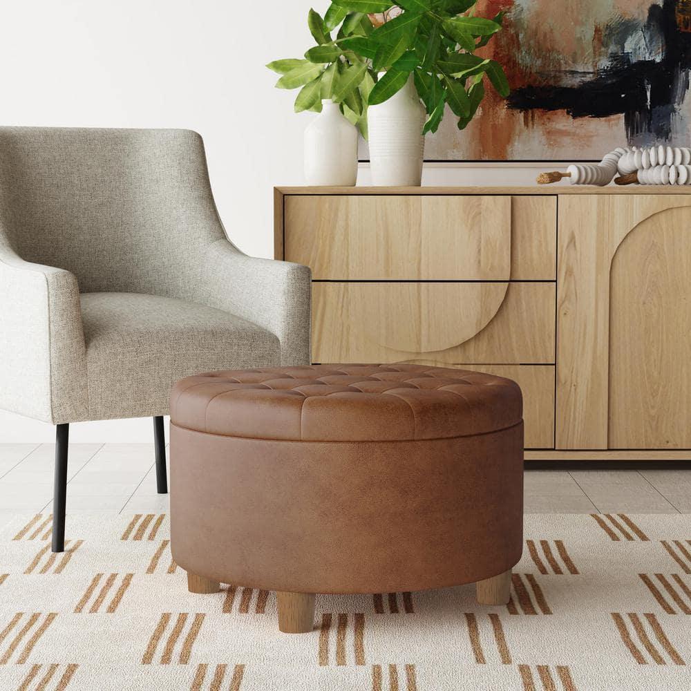 HomePop Tufted Faux Leather Round Storage Ottoman Brown: Upholstered Traditional Decor, Hardwood Frame