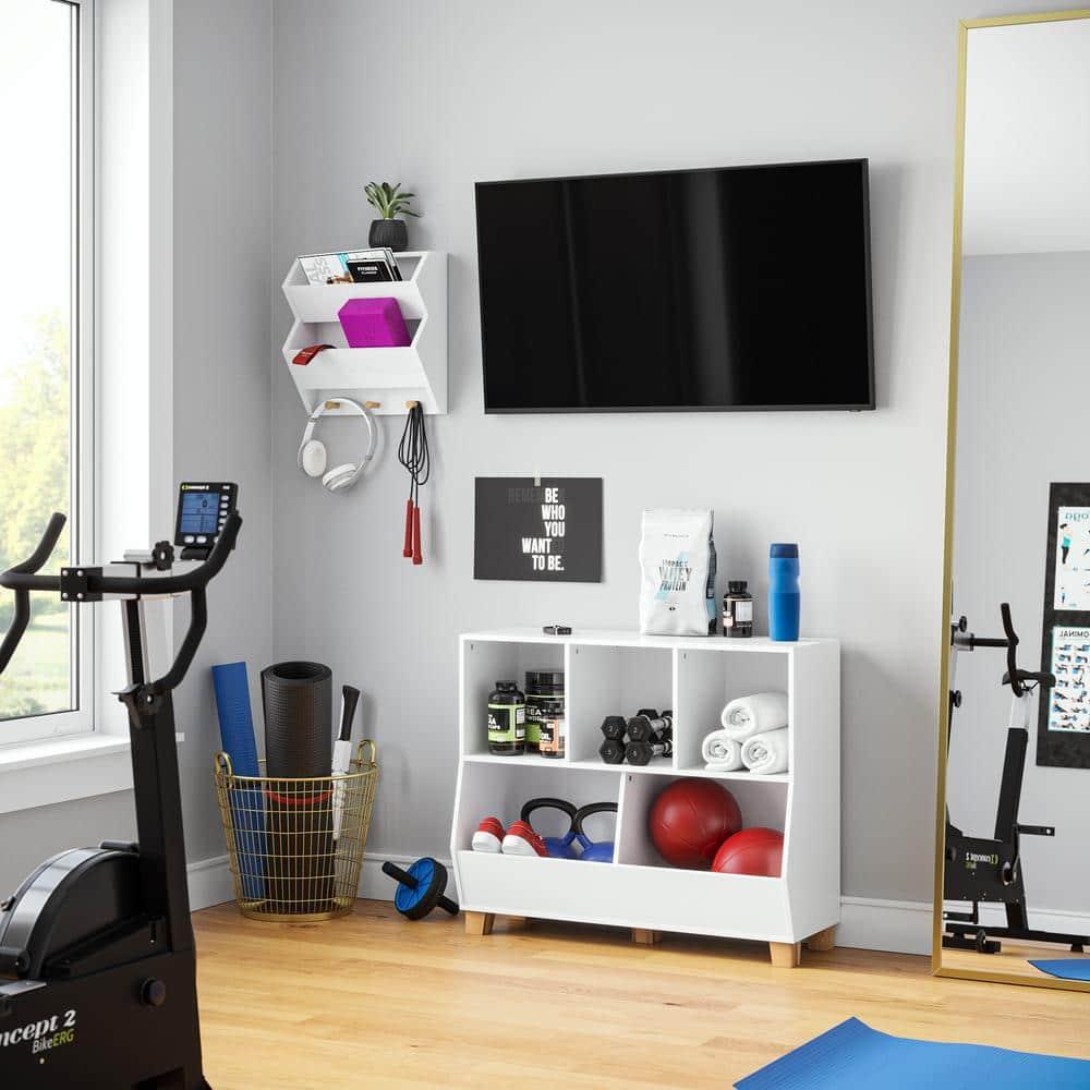 RiverRidge Home RiverRidge Kids Catch-All Wall Bookshelf with 2 Toy Storage Cubbies and 3 Wooden Hooks for Playroom, Nursery, and Reading Nook - White