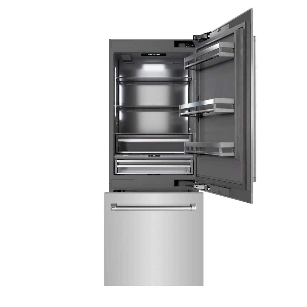 ZLINE 30 in. 16.1 cu. ft. Built-In Bottom Freezer Refrigerator with Water Dispenser and Ice Maker in Satin Stainless Steel with Graphite Gray Interior