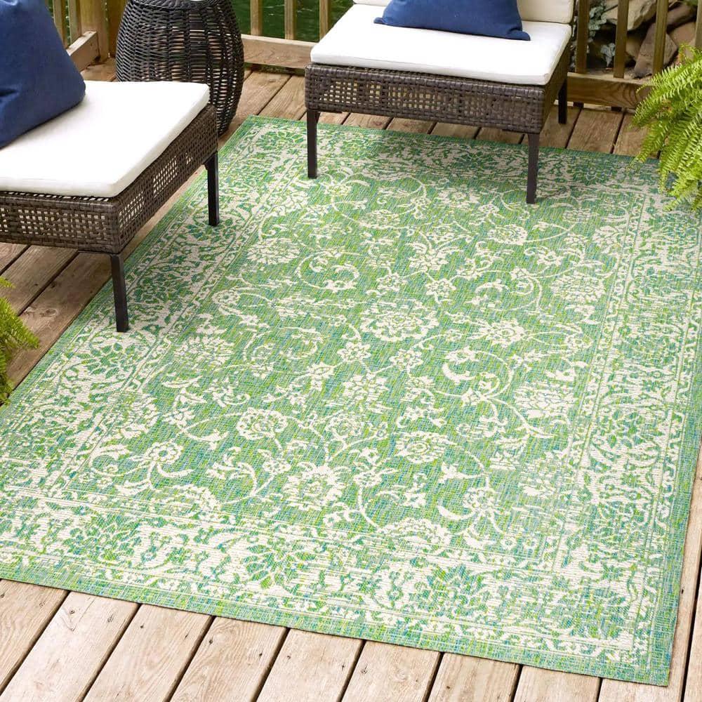 9' x 12' Tela Bohemian Textured Weave Floral Indoor/Outdoor Area Rug, Cream/Green - JONATHAN Y