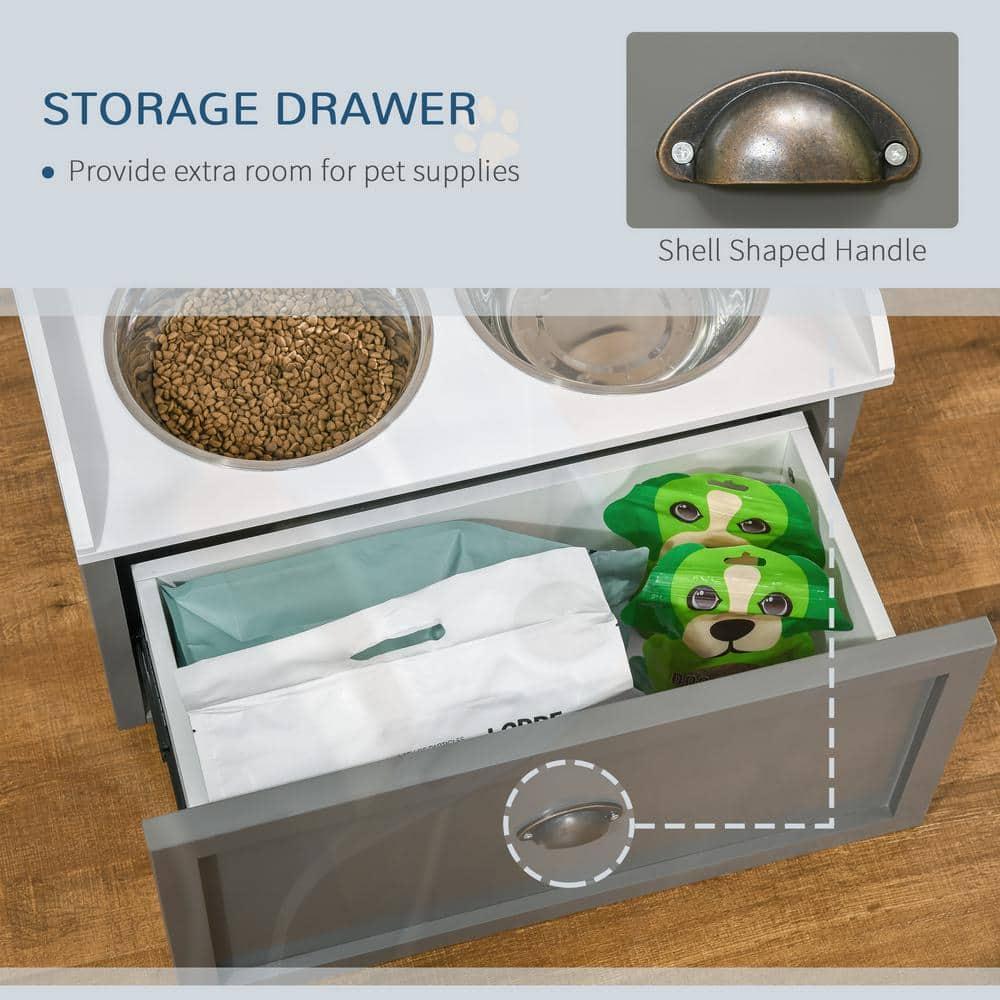 PawHut Dog Feeding Station with Storage Drawer, Dog Food Storage Cabinet w/ Removable Elevated Dog Bowls for Large Sized Dogs, Gray