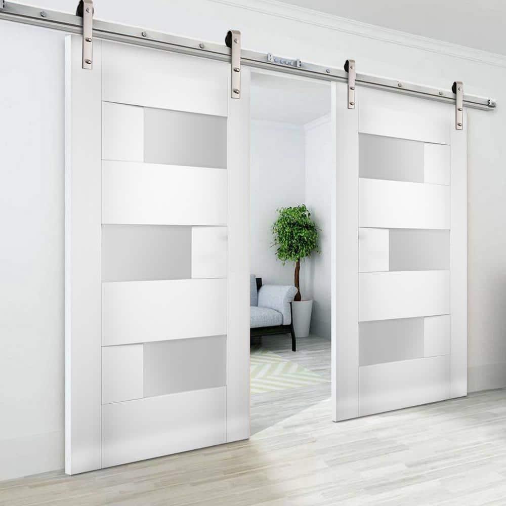 White Frosted Glass MDF Barn Door Slab, 83" x 38"