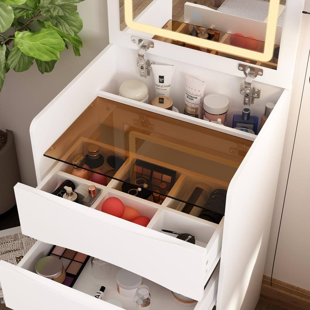 Joqixon Vanity Desk with Flip Top Mirror and Lights, Makeup Vanity Set with Glass Shelf, Space Saving Dressing Table with 3 Drawers & Cushion Stool for Bedroom, White