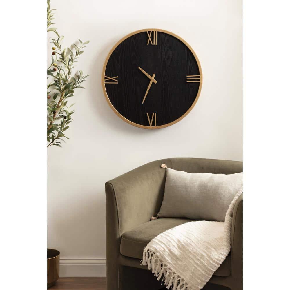 Kate and Laurel Pronte Modern Round Wood and Metal Wall Clock, 22 Inch Diameter, Black and Gold, Decorative Minimal Clock for Bedroom, Entryway, or Living Room Decor