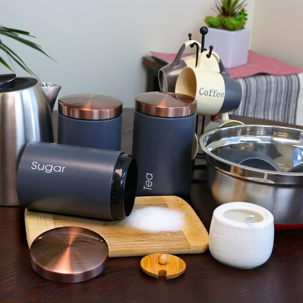 MegaChef Essential Kitchen Storage 3 Piece Sugar, Coffee and Tea Canister Set in Matte Gray