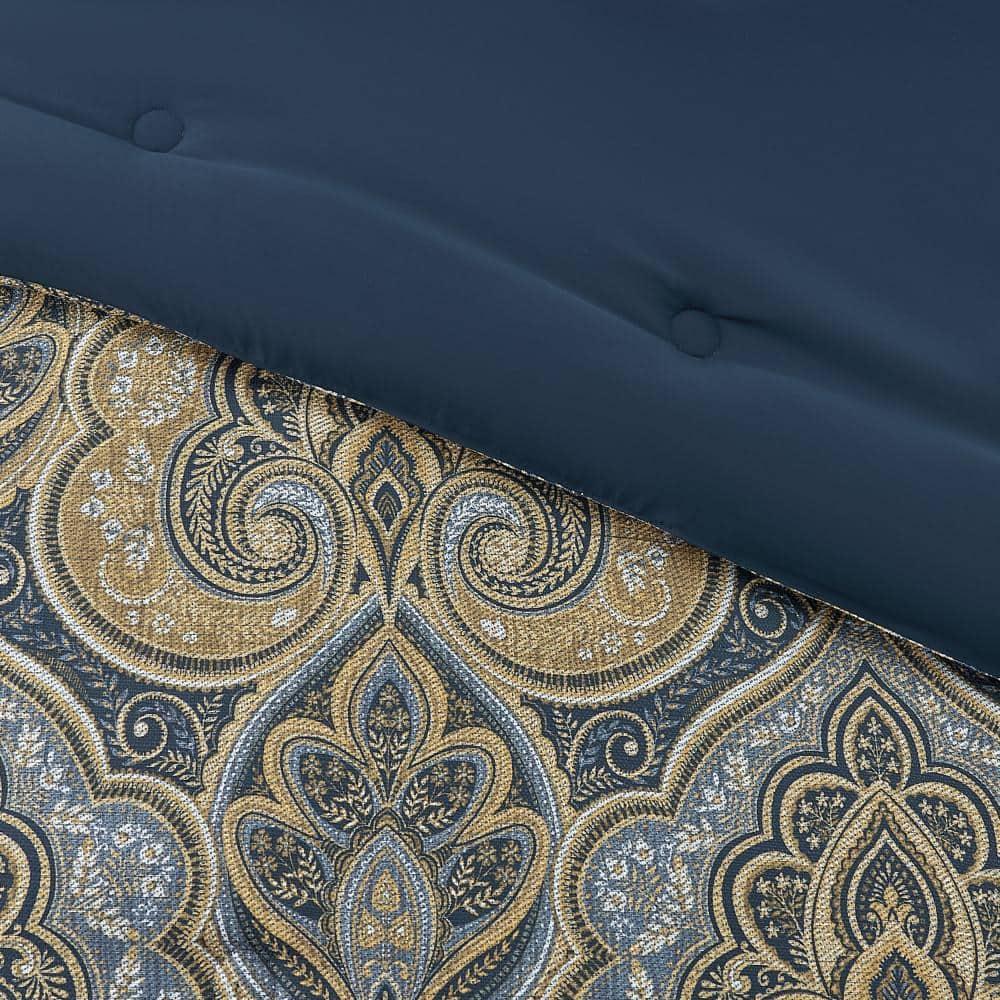 Navy and Gold Damask Microfiber Full Comforter Set