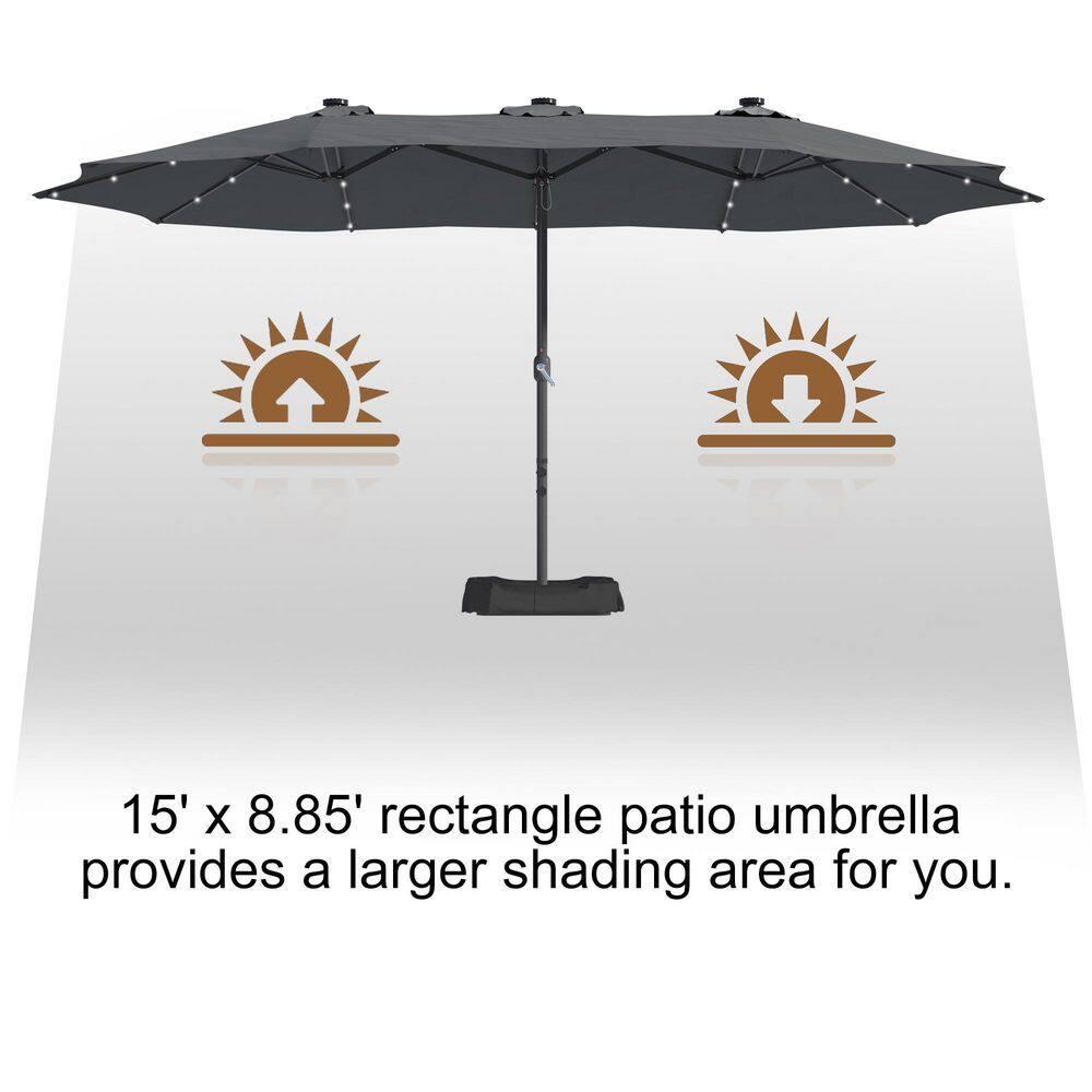 15 ft. Steel Patio Double-Side Market Umbrella with Base and Solar Light with Base in Dark Gray