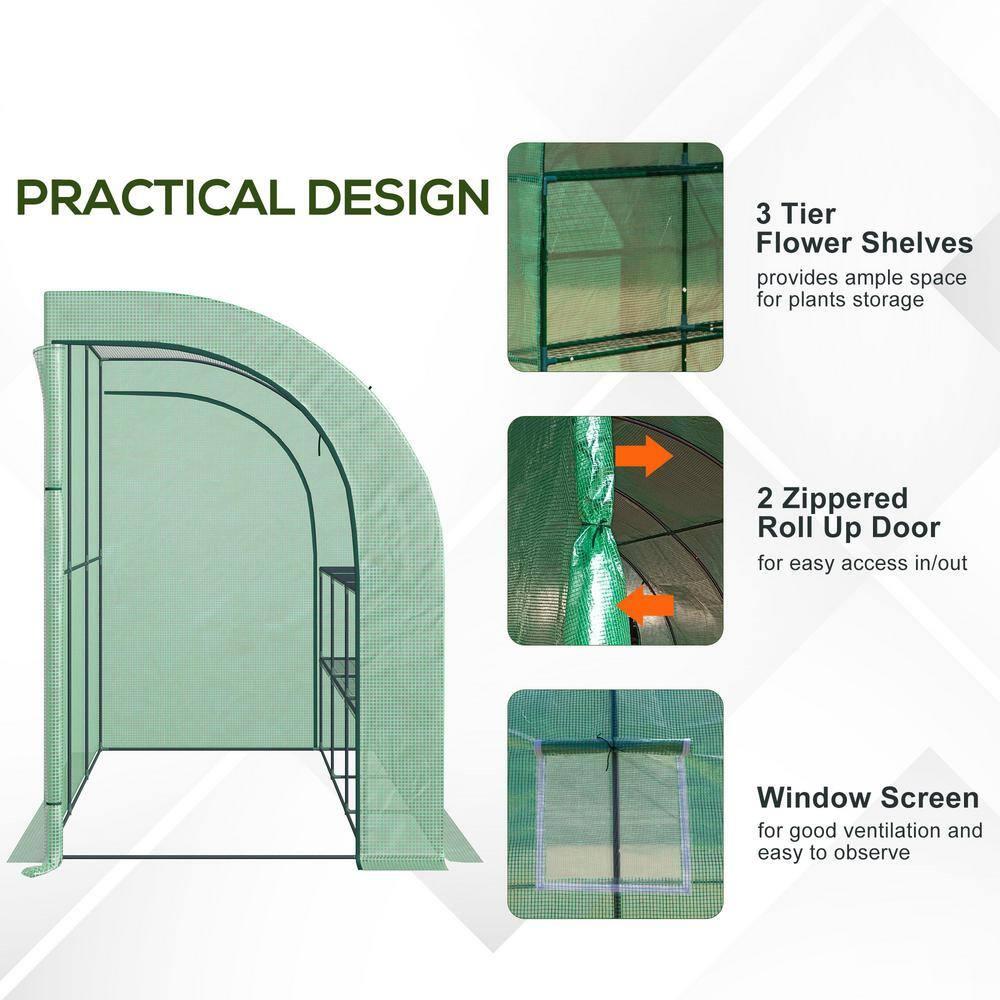 Outsunny 118" x 59" x 83.75" Outdoor Walk-In Greenhouse, Plant Nursery with Roll-up Window, PE Cover, and 3-Tier Wire Shelves, Green
