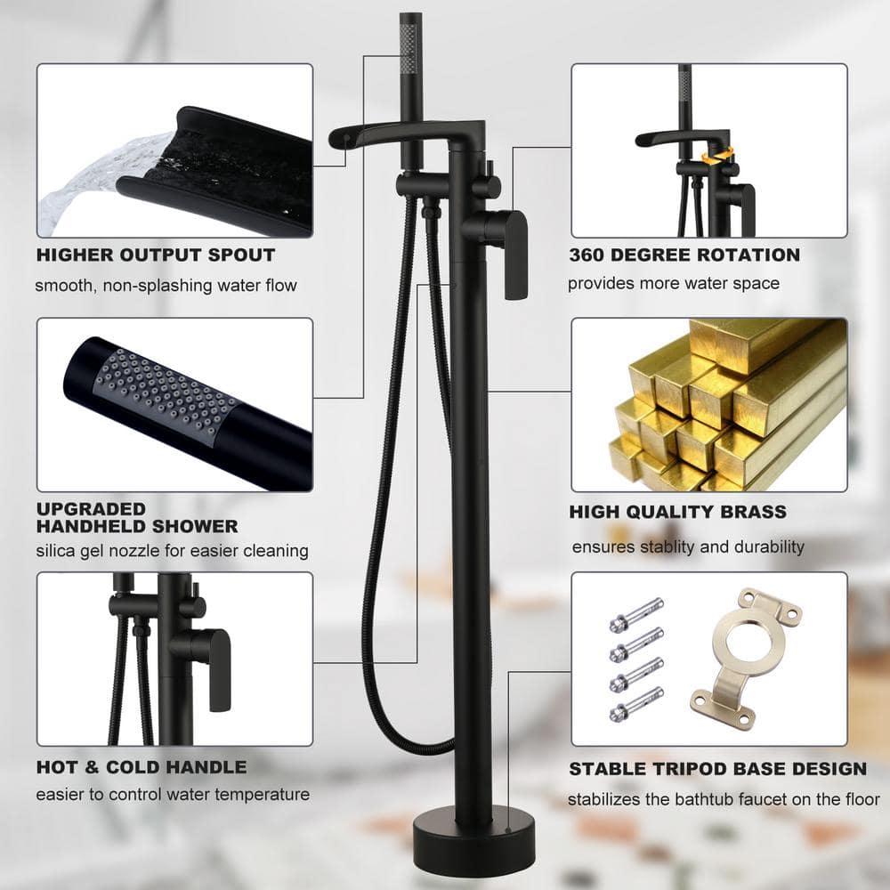 MOGFCT Waterfall Freestanding Bathtub Faucet Set Single Handle Floor Mount Tub Filler with Hand Shower ,Matte Black