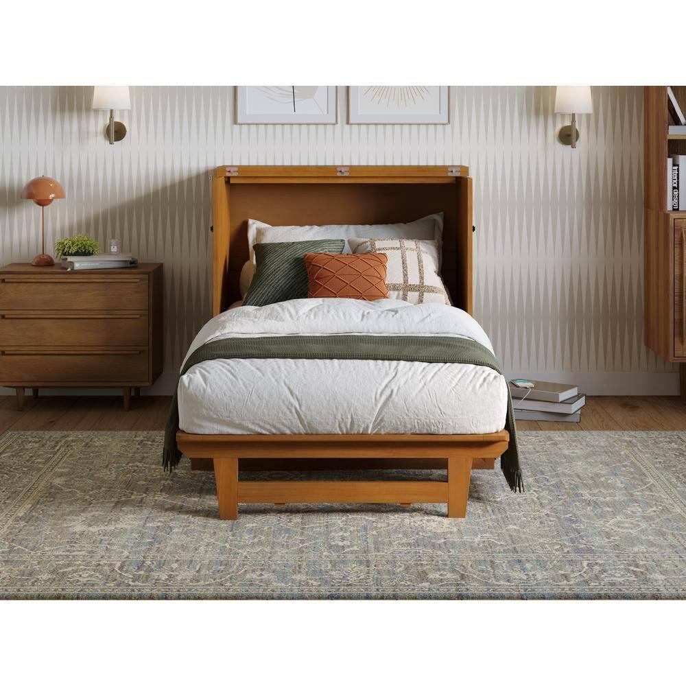 AFI Santa Fe Twin Wood Murphy Bed Chest with Mattress and Built-in Charger, Light Toffee