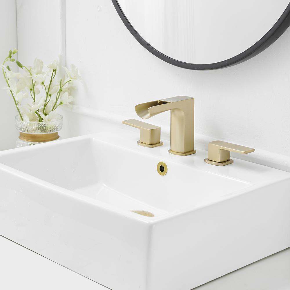 BWE Waterfall 8 in. Widespread Double Handle Bath Faucet Set 3 Holes Vanity Sink With Metal Drain