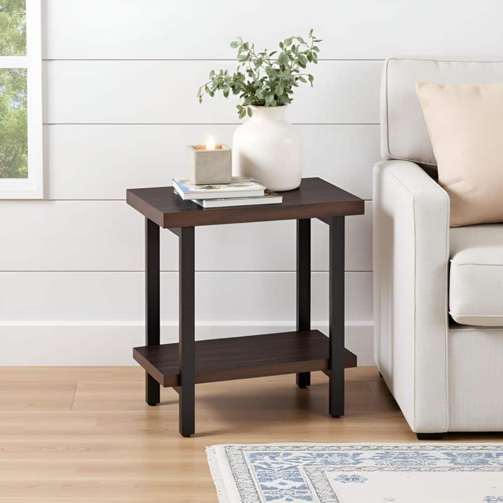 Pomona Solid Wood and Metal End Table with Shelf - Alaterre Furniture: Rustic Design, Fixed Shelf, Rectangle Shape