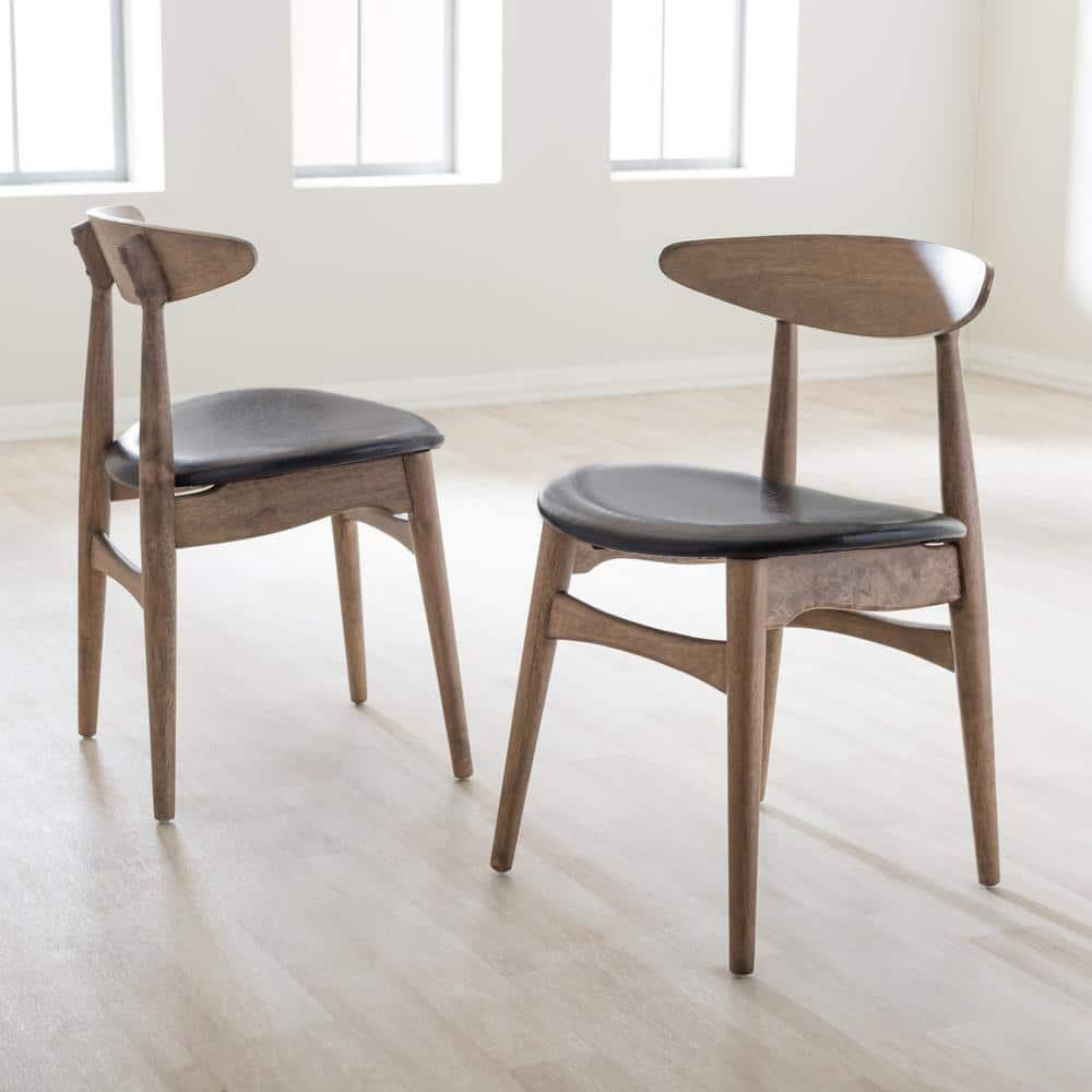 Set of 2 Edna Mid-Century Modern Dining Chairs: Black Faux Leather & Oak - Baxton Studio