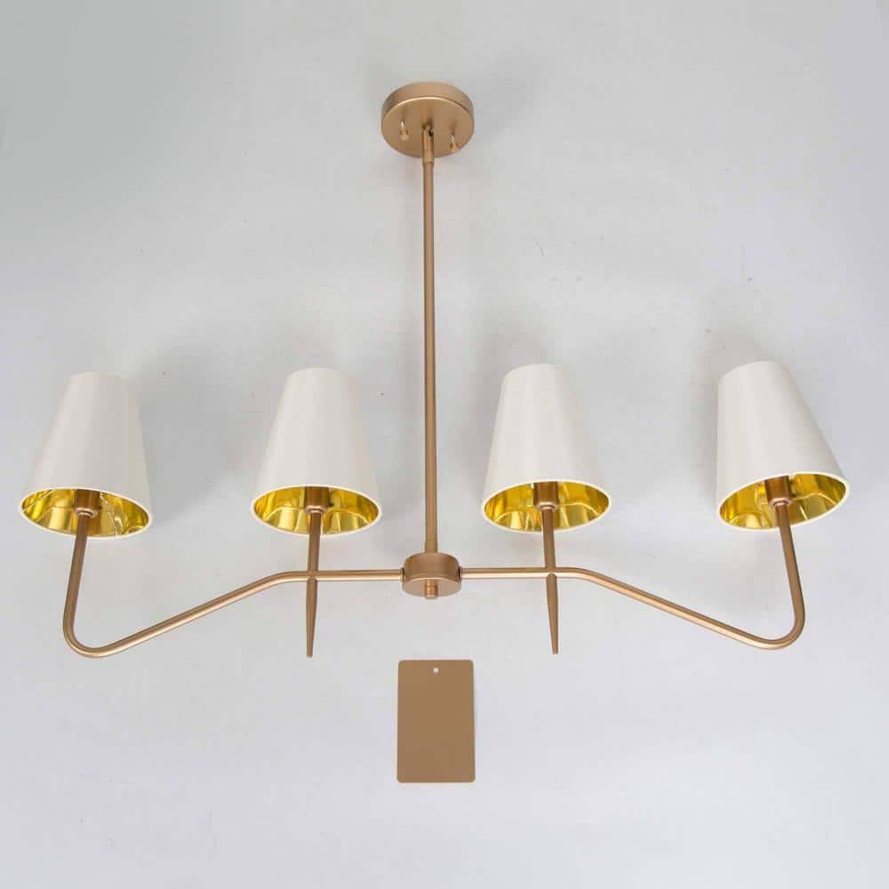 Brightever 4-Light Gold Linear Chandelier, Kicthen Island Light Fixture for Dining Room Over Table, Modern Pendant Lighting with White Fabric Shades for Pool Table, E12 Base (Bulb not Included)