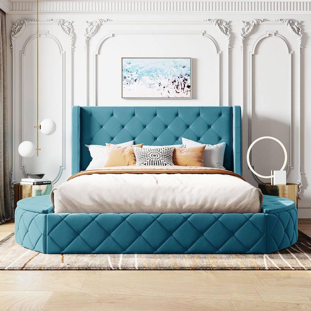 Queen Size Platform Bed with 1 Big Drawer and 2 Side Storage Stool Modern Velvet Upholstered Storage Bed with Wingback Headboard, No Box Spring Needed, Easy Assembly, Blue