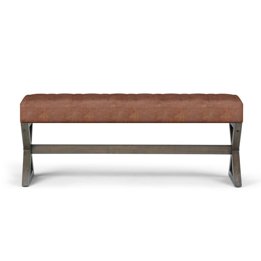 Simpli Home Salinger 48"W Large Ottoman Bench in Distressed Vegan Leather with Solid Wood Frame