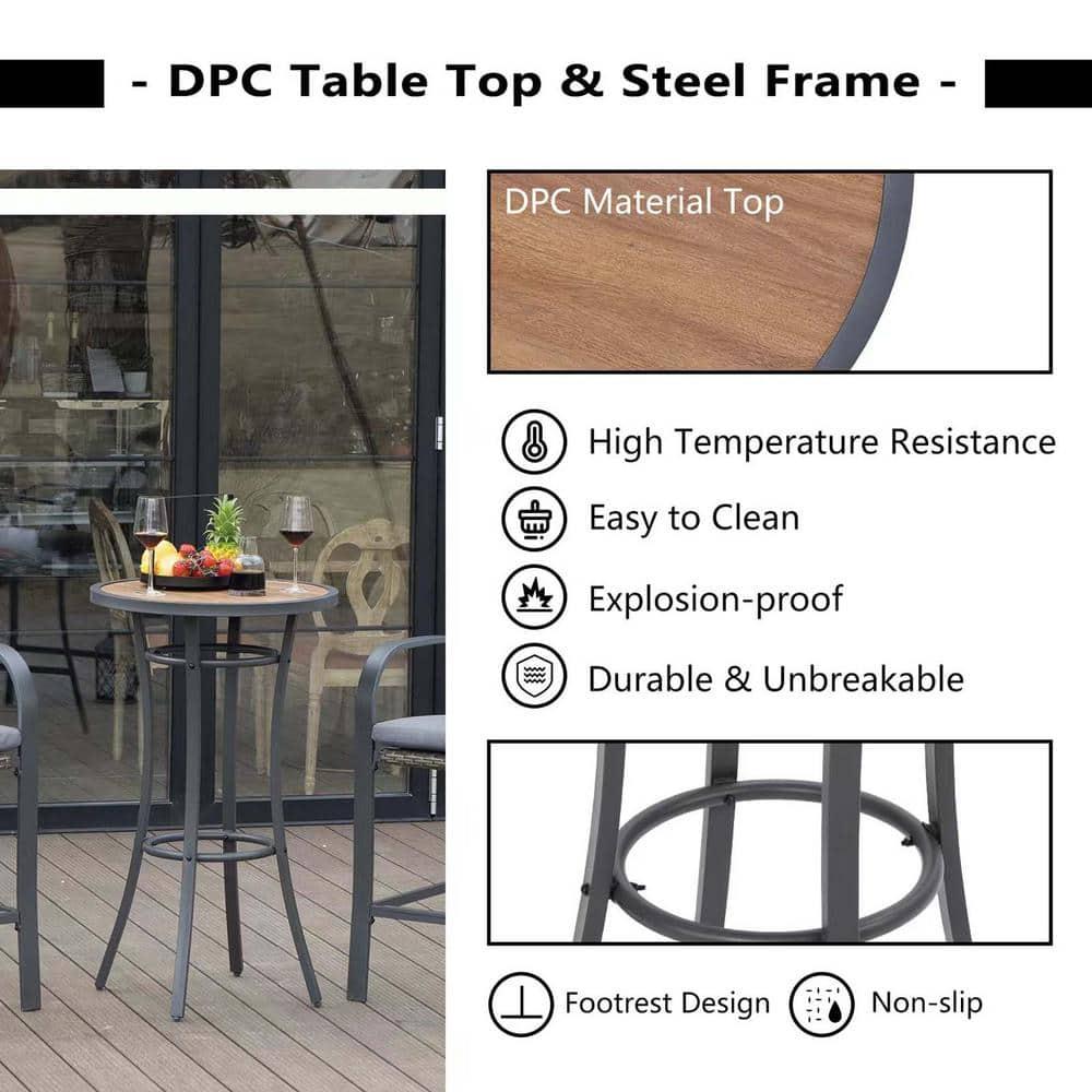 JOIVI Juego de Bar para Patio de 3 Piezas, Juego de Bistro de Mimbre para Exteriores, Taburetes de Bar de Ratán para Todo Tipo de Clima con Cojines y Mesa Superior de Madera, Muebles de Patio con Altura de Bar para 2 Personas, Mesa y Sillas de Bistro, Gris