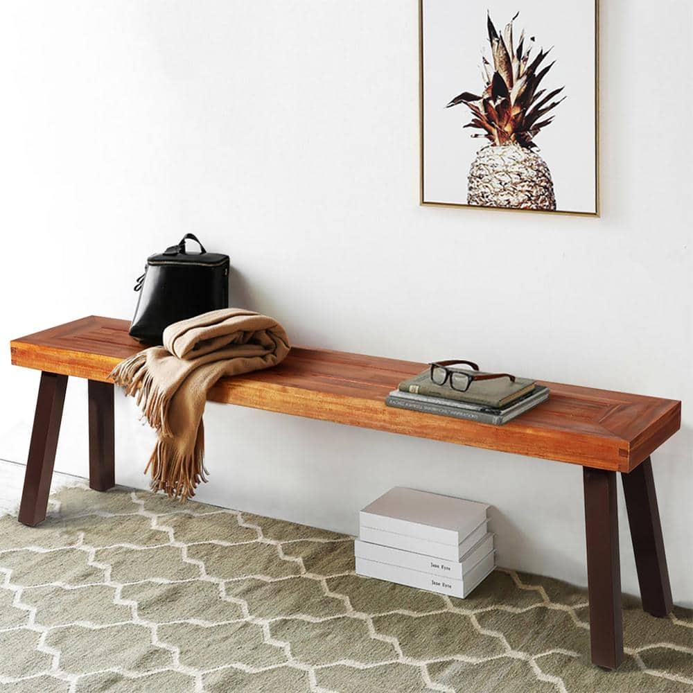 Costway Patio Acacia Wood Dining Bench Seat with Rustic Steel Legs for Outdoor Indoor