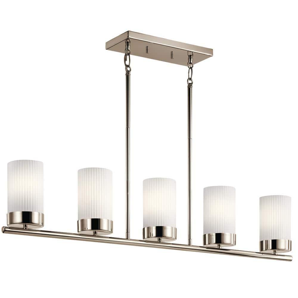 Polished Nickel and Brass 5-Light Linear Chandelier with Ribbed Glass Shades