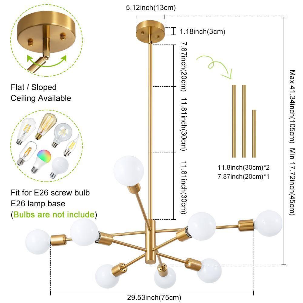 Modern Gold Sputnik Chandelier with 8 Lights E26 Mid Century Ceiling Lighting Fixtures for Living Room, Kitchen Island, Bedroom, Dining Room, and Farmhouse