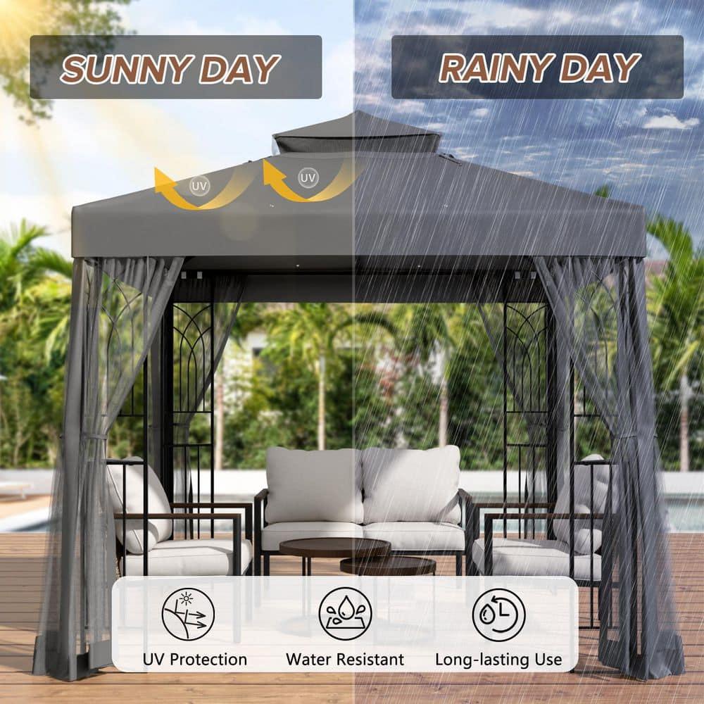 COOS BAY 8 Ft. W x 8 Ft. D Steel Frame Vented Soft Top Patio Gazebo with Mesh Netting, Corner Shelves